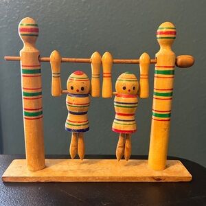Trapeze Acrobats Japanese Hand Carved Vintage Wood Toy Twirls Spins Gymnastics